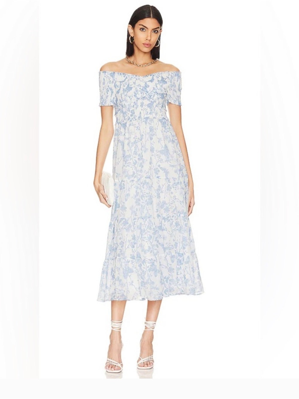 Steve Madden Off-Shoulder White Maxi Dress with Light Blue Floral Print